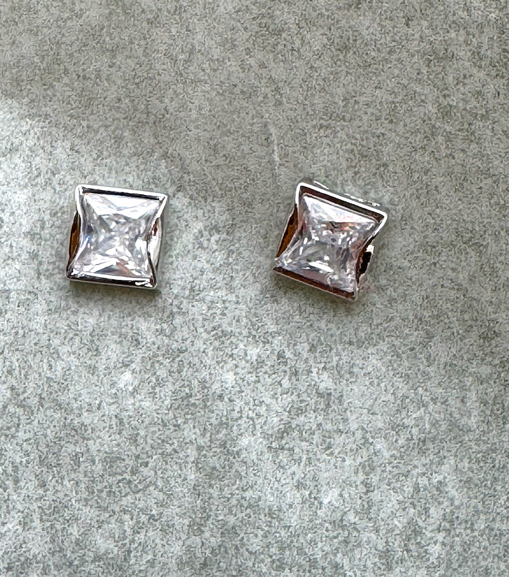 Square Cubic Zirconia Silver Studs
