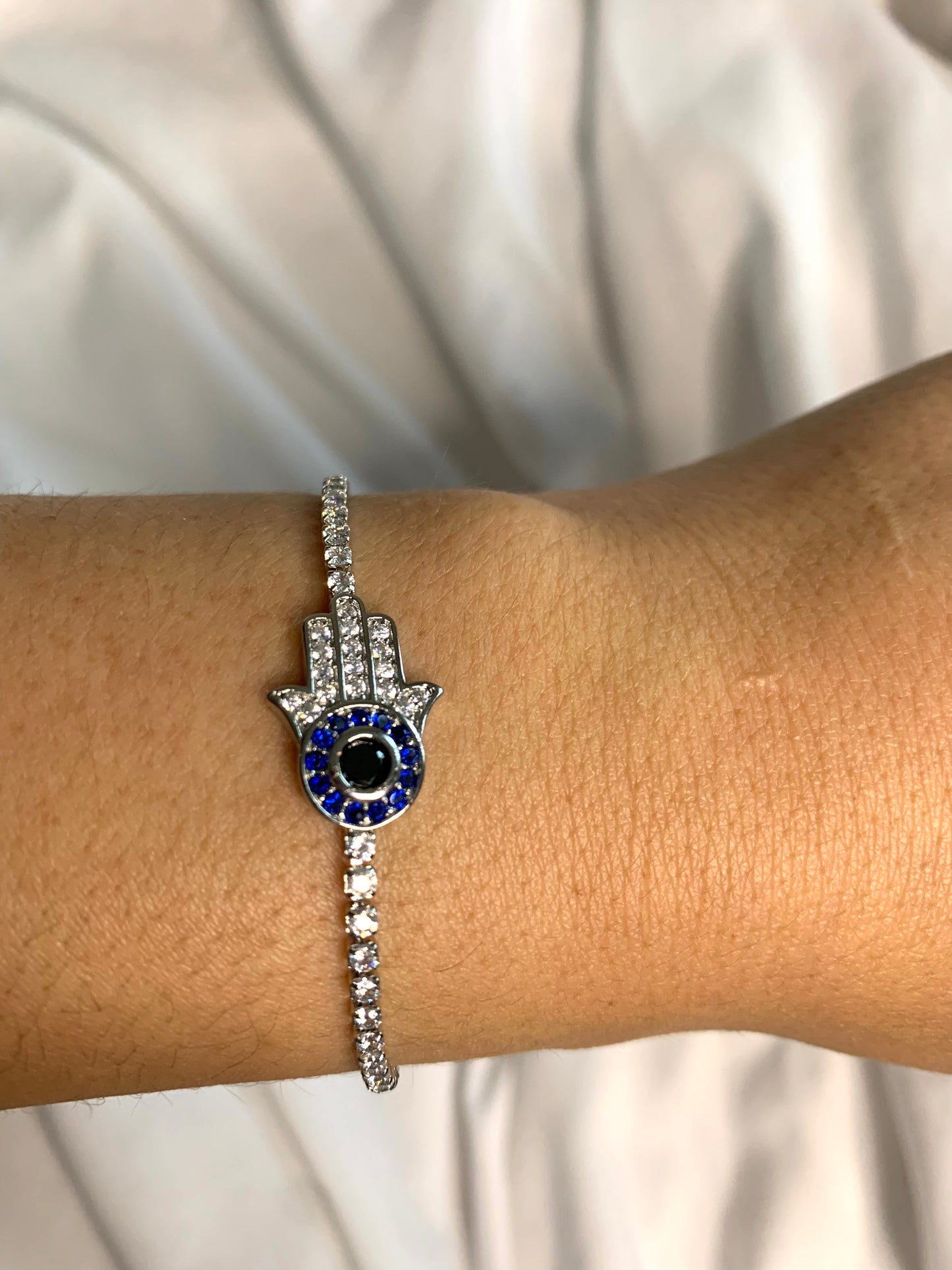 Silver & Blue Stone Hamsa Hand Bracelet