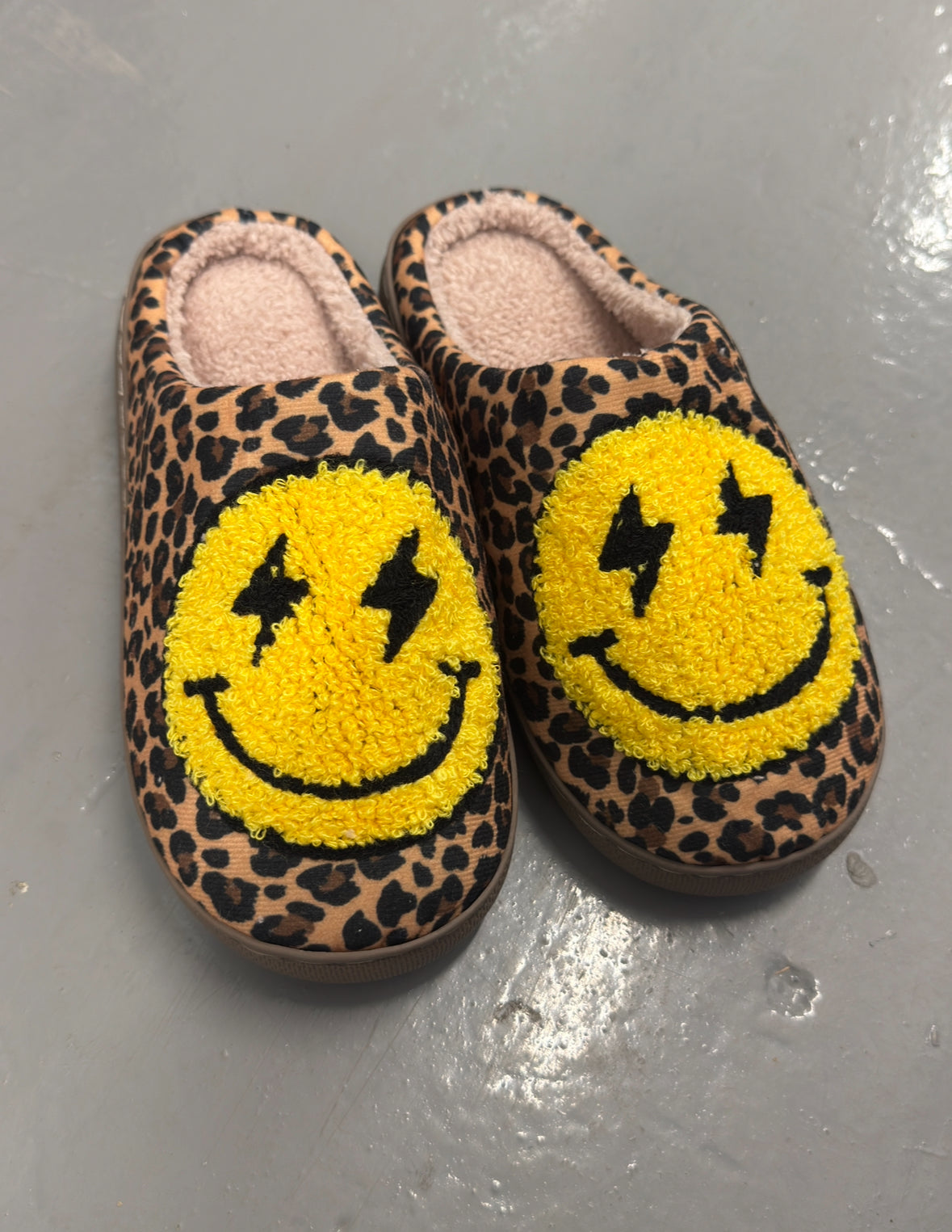 Leopard smiley face slippers