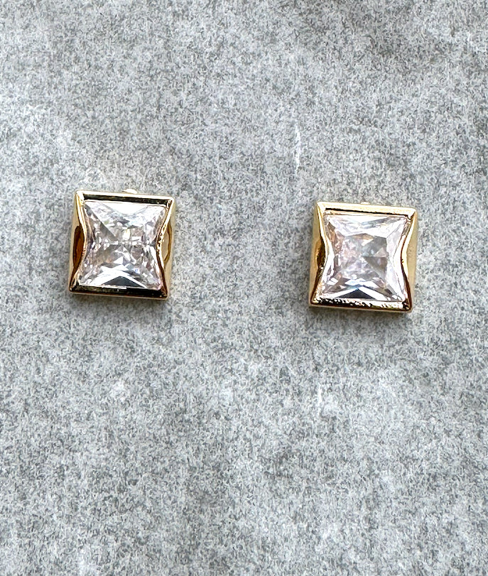 Square Cubic Zirconia Gold Studs