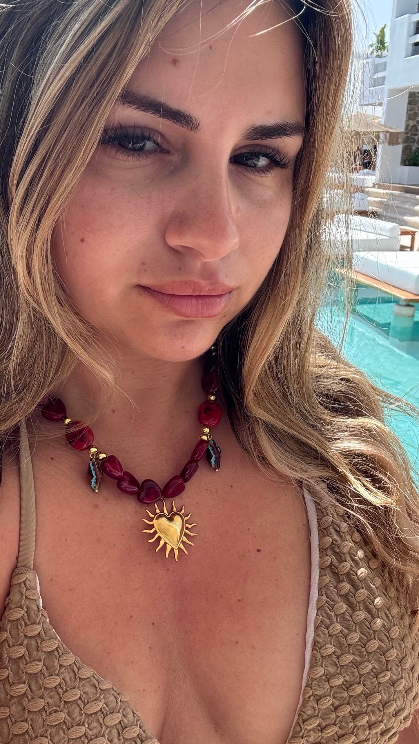 Red Pearl Sunflower Necklace