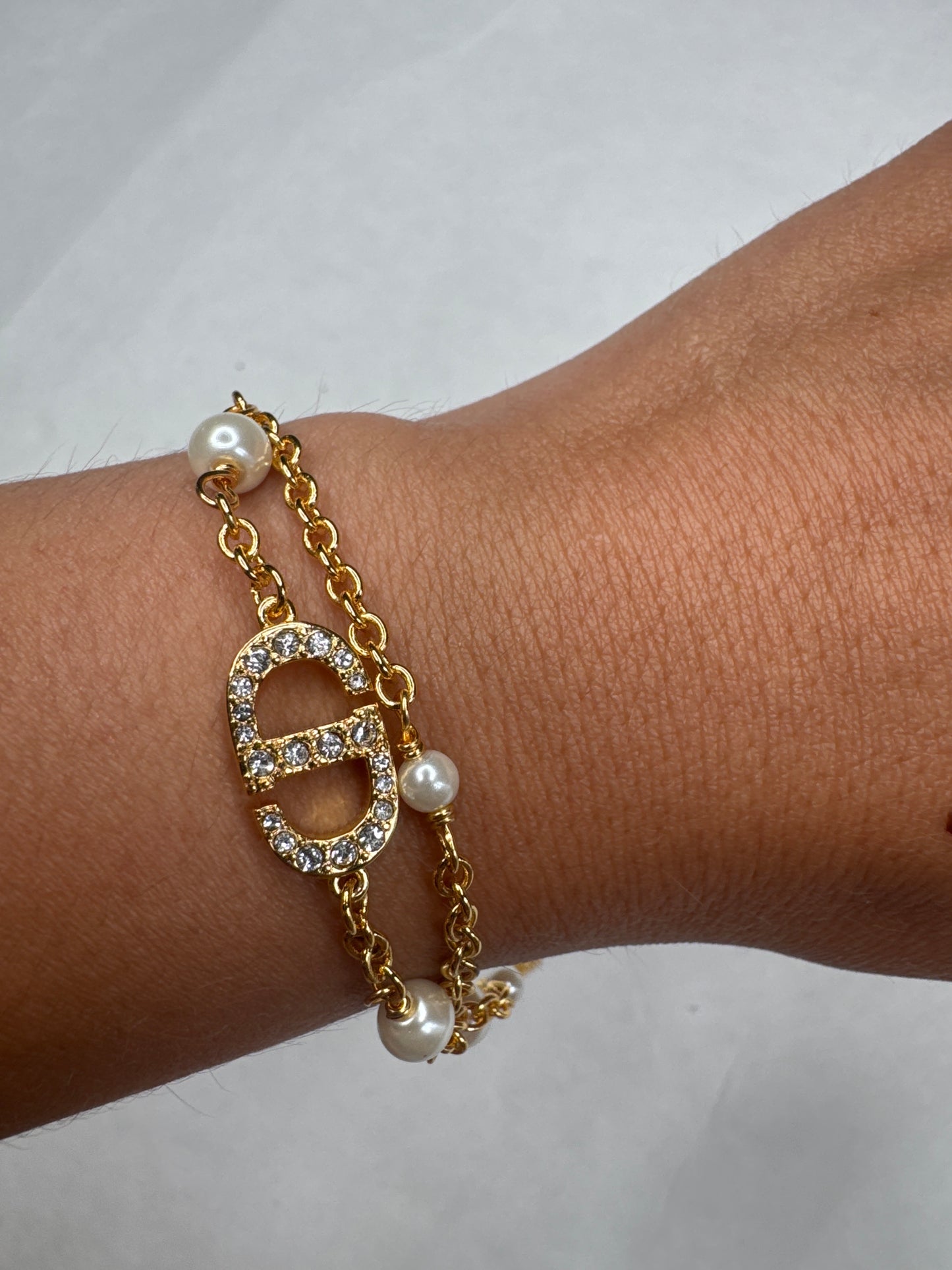Diamond pearl double chain bracelet
