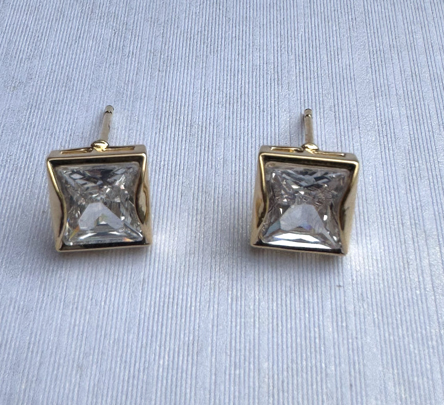 Square Cubic Zirconia Gold Studs