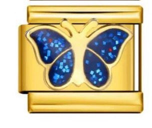 BLUE GLITTER BUTTERFLY - GOLD