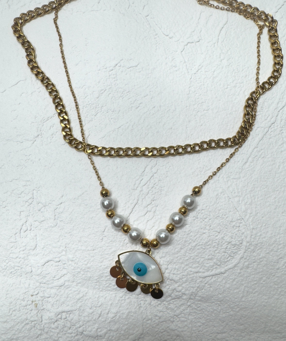 Double chain evil eye pearl necklace
