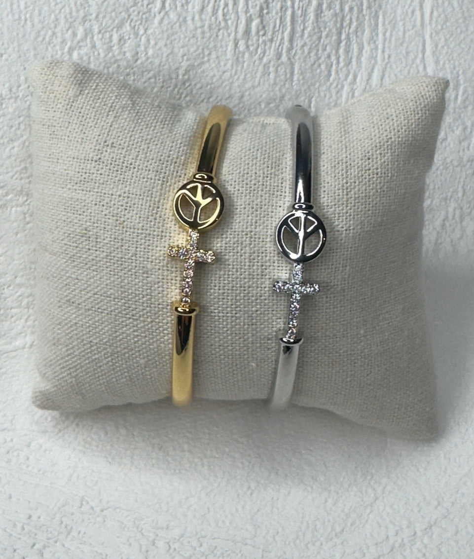 Peace & Cross Bangle - Silver or Gold