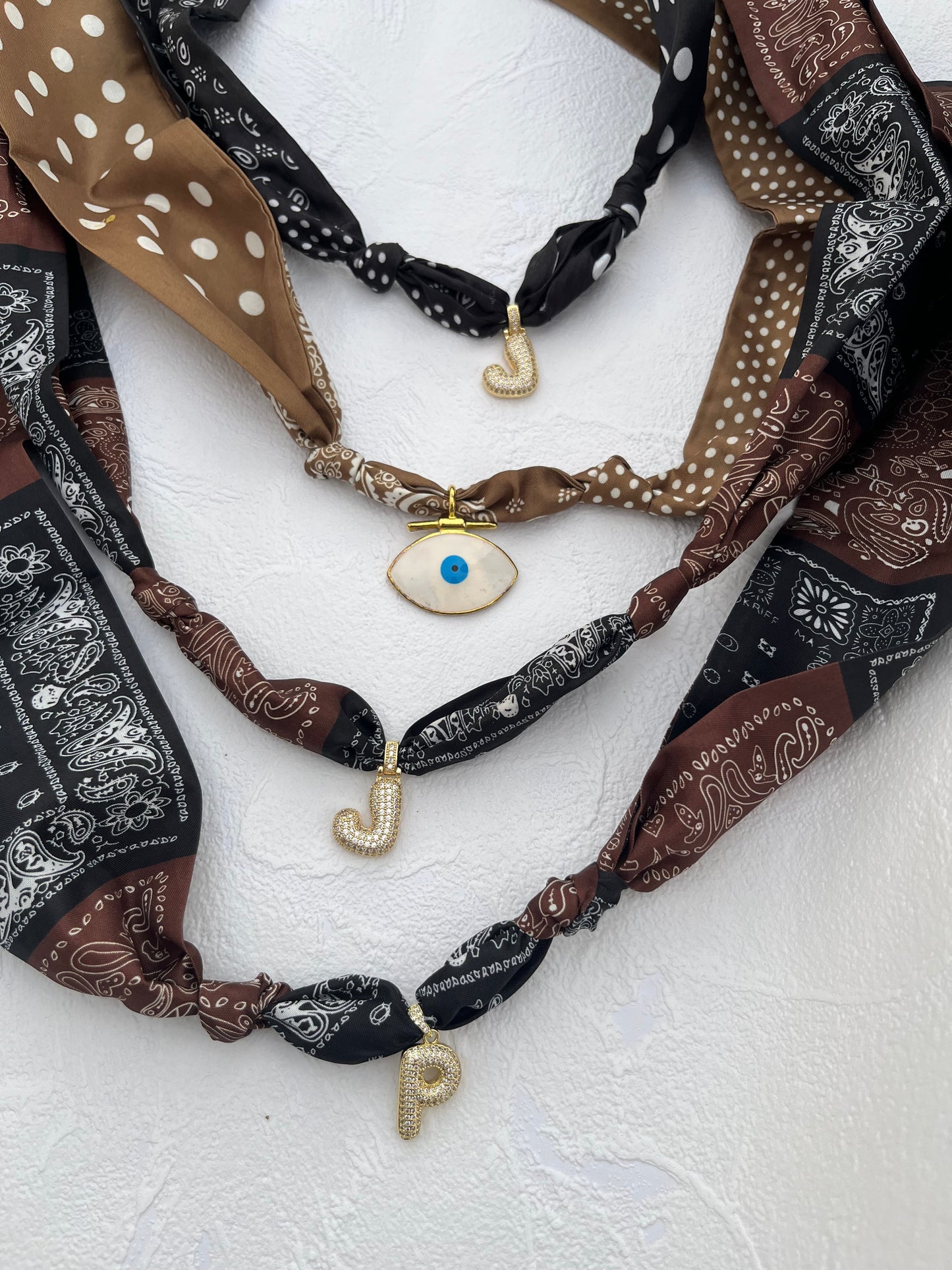 Initial bubble brown & black bandana necklace
