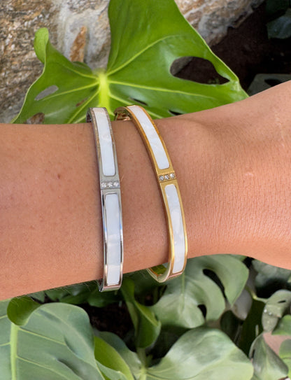 Marble White Diamond Thin Bangle - Gold or Silver