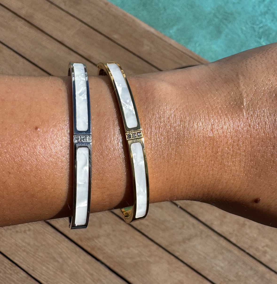 Marble White Diamond Thin Bangle - Gold or Silver