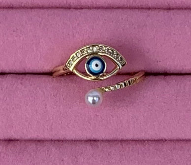 Pearl Evil Eye Adjustable Ring