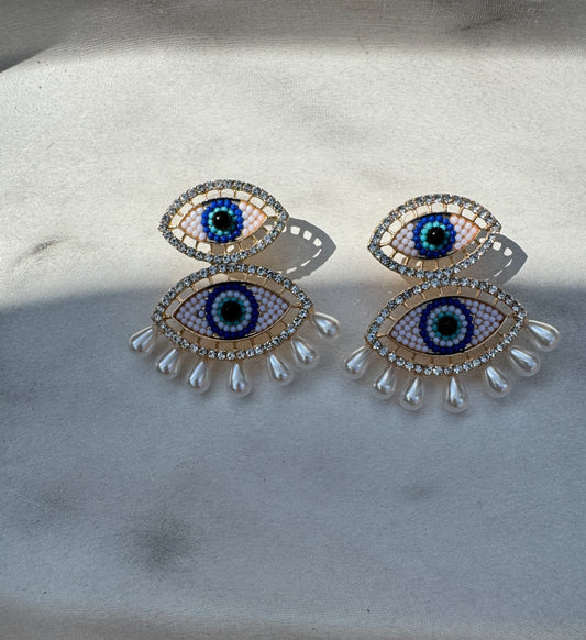 Double Pearl Evil Eye Earrings