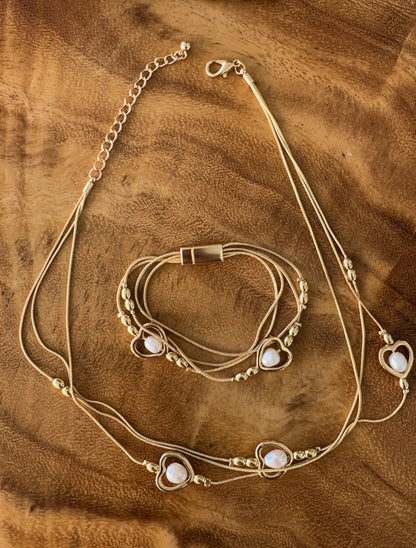 Hearts & Pearl Bracelet & Necklace Set