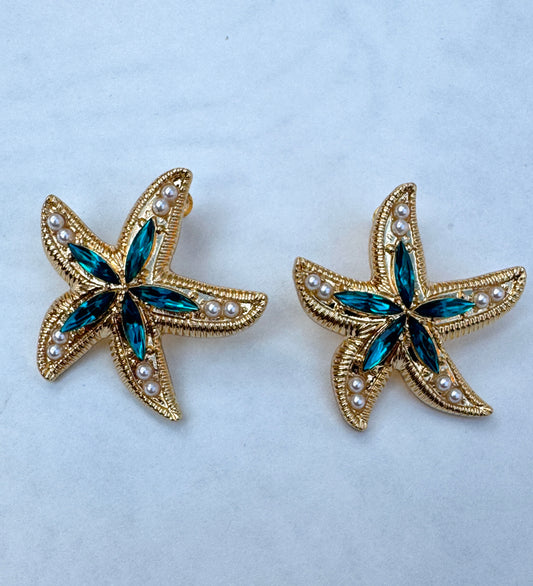 Rhinestone Blue Starfish Studs