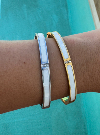 Marble White Diamond Thin Bangle - Gold or Silver
