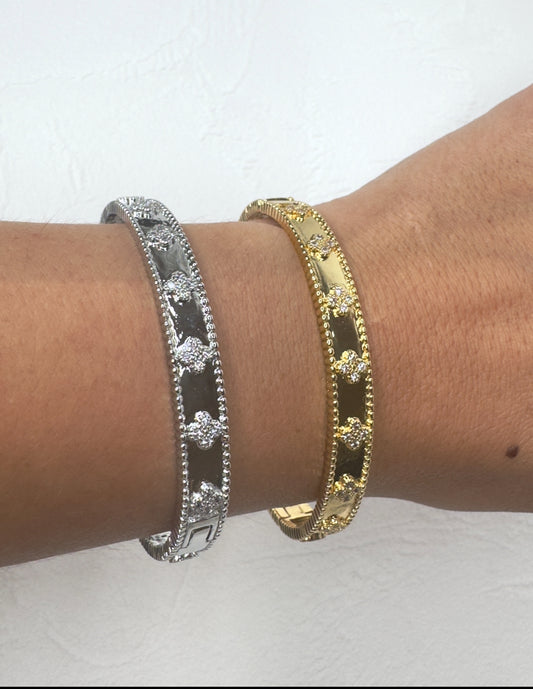 Thick Flower Diamond Bangle - Gold or Silver