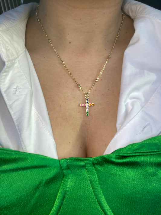 Small Multicoloured Cross Necklace- 2 chain options