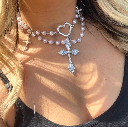 Pearl Double Layered Cross Necklace