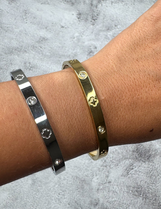Flower & Diamond Bangle - Silver/ Gold