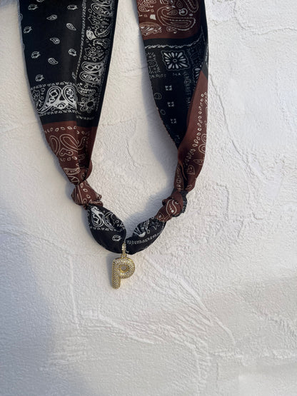 Initial bubble brown & black bandana necklace
