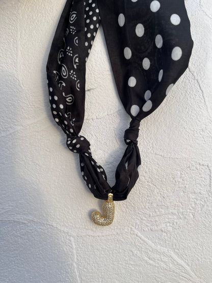 Initial bubble black bandana necklace