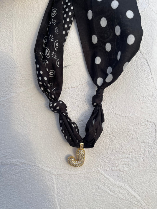 Initial bubble black bandana necklace