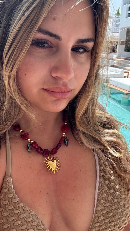 Red Pearl Sunflower Necklace
