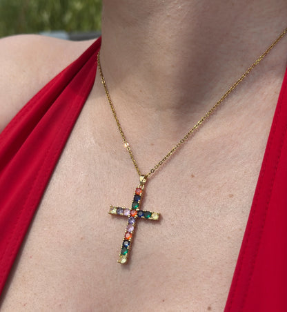 Rainbow large cross necklace