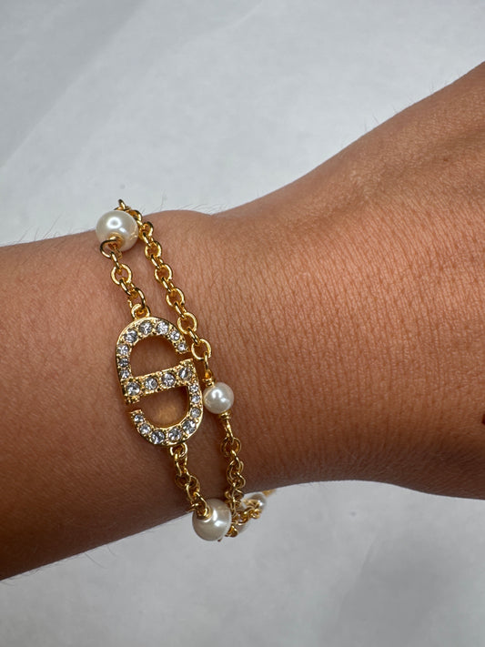 Diamond pearl double chain bracelet