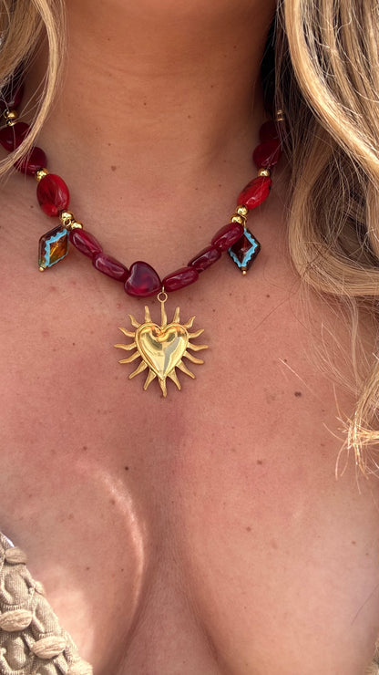 Red Pearl Sunflower Necklace