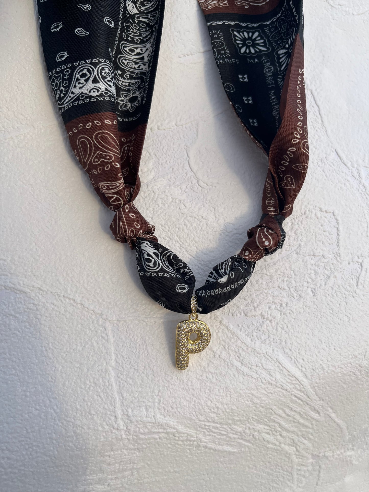 Initial bubble brown & black bandana necklace