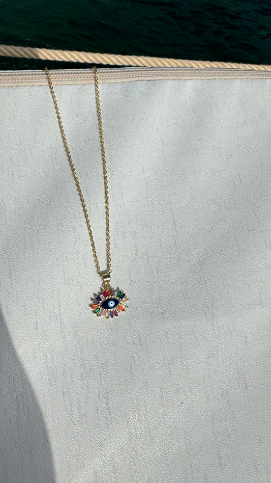 Multicoloured Cubic Zirconia Evil Eye Vintage Necklace