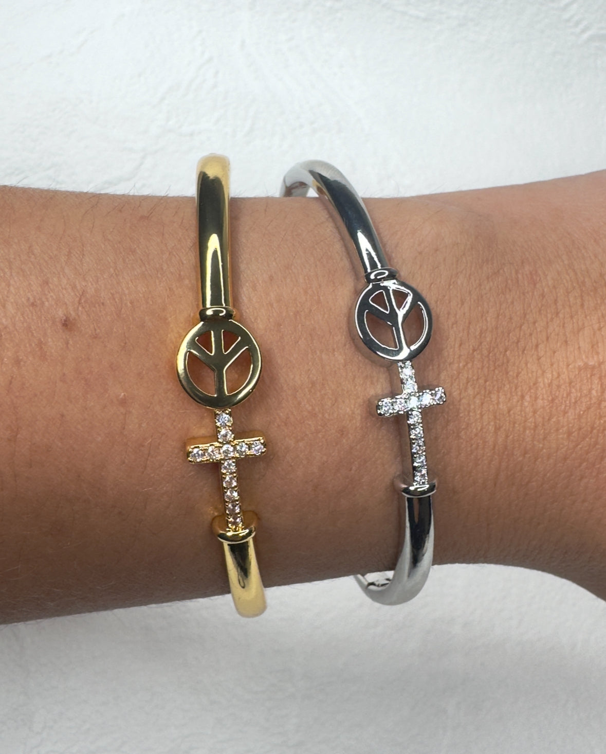 Peace & Cross Bangle - Silver or Gold