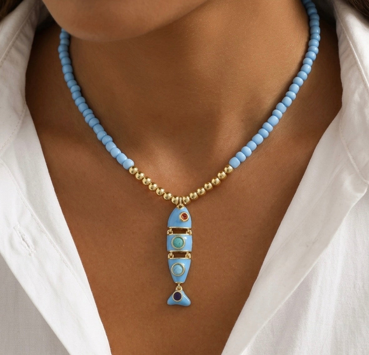 Bohemia Blue Beads Fish Necklace