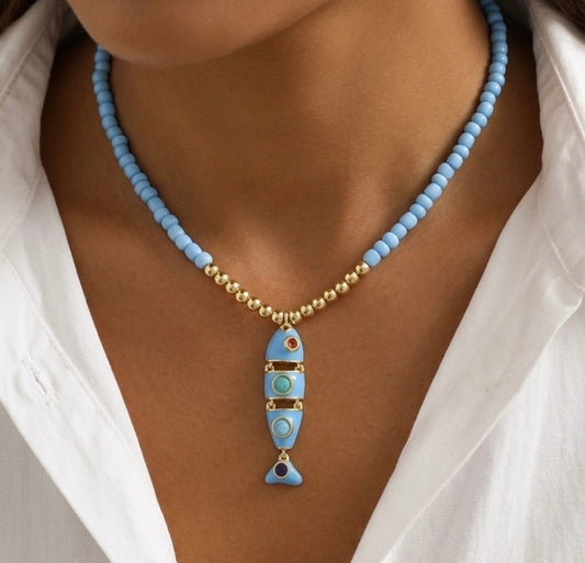 Bohemia Blue Beads Fish Necklace