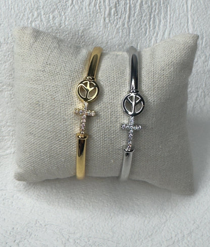 Peace & Cross Bangle - Silver or Gold