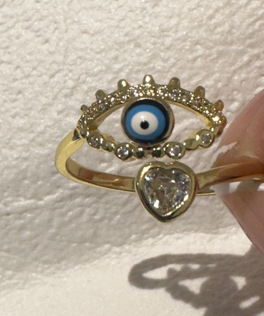 Diamond Evil Eye Diamond Heart Adjustable Ring