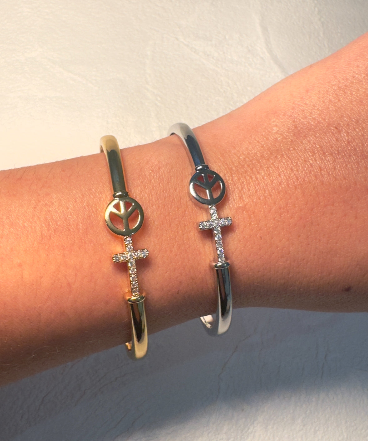 Peace & Cross Bangle - Silver or Gold