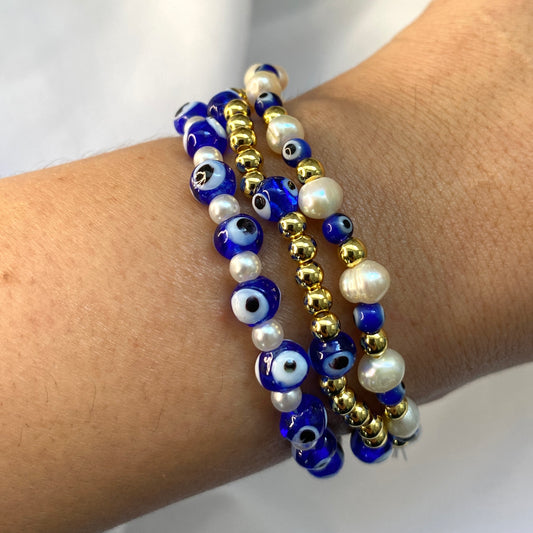 Evil eye & Pearl Bracelet Trio